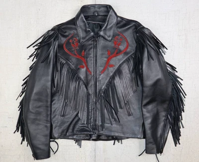 Chaqueta vintage de cuero negra con flecos con bordado de rosa roja - para mujer M Foto 1 de 4