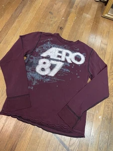 Aeropostale Y2K Burgunderrot Top Damen Medium Langarm Stretch Gerippt - Bild 1 von 6
