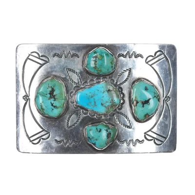 Hebilla de cinturón de plata nativa americana años 40-50 con turquesa Foto 1 de 4