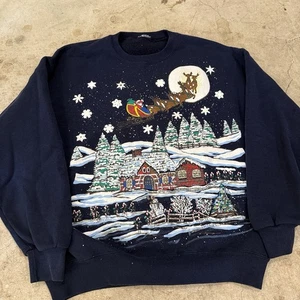 Suéter Vintage Años 90 Navidad Cuello Redondo, Pullover Retro Vacacional Adulto Grande Azul - Imagen 1 de 6