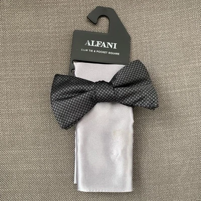 Alfani Men's Pre Tied Geo Bow Tie & Solid Pocket Square Set Gray/Black NWD - Image 1 of 3