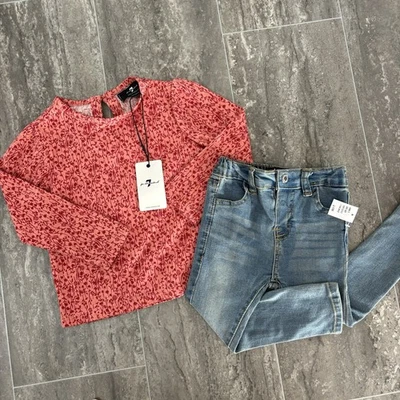 7 For All Mankind 女宝宝花卉上衣和牛仔裤套装 24M 全新带标签 — 第 1/4 张图片