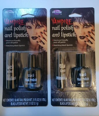  2x Fun World Vampire Black Nail Polish & Lipstick Set Make-up Halloween Gothic - Image 1 of 2