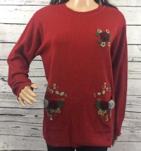 Autumn Creations Sweater Large Dark Red Floral Crochet Flower Accent Wool Blend - Picture 1 of 12