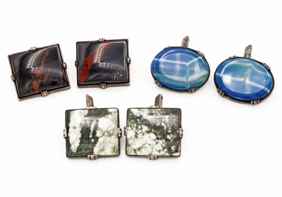 Lote de 3 abotoaduras de prata esterlina com várias pedras - Imagem 1 de 3