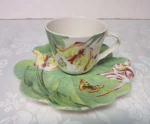 Spode Floral Haven Flat Cup Saucer Set Scalloped Butterflies Tulips Bee England - Picture 1 of 16