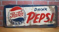 1950s DRINK PEPSI EMBOSSED TIN SIGN ORIGINAL OLD SODA POP ADVERTISING 1954