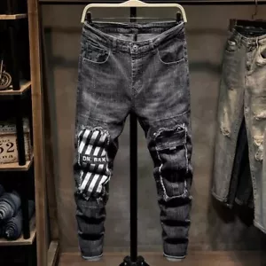 Men Ripped Trend Embroidery Jeans Stretchable Fit Fashion Tight Pants Trousers - Picture 1 of 18