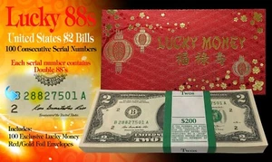 CNY Lucky Money $2 Bills BEP Pack of 100 Consecutive - All Double 88 Serial #’s - Picture 1 of 3