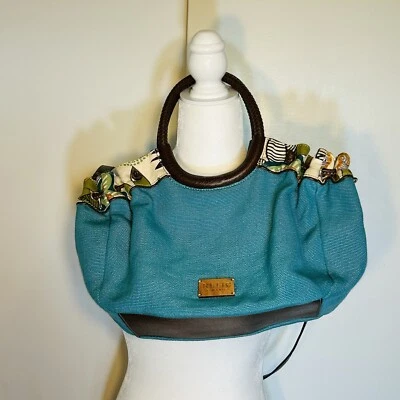 Retro Relic Handbag Purse Crossbody Woven Circle Handle Blue Floral  - Image 1 of 4