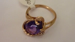 14K GOLD TRIANGLE AMETHYST WITH DIAMONDS LADIES RING SIZE 6 1/2 - Picture 1 of 2