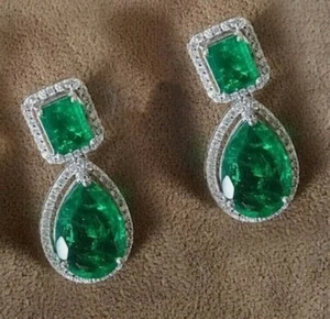 6Ct Pear Emerald & Lab Created Diamond Wedding  Earring 14Ct White Gold plated - Picture 1 of 5