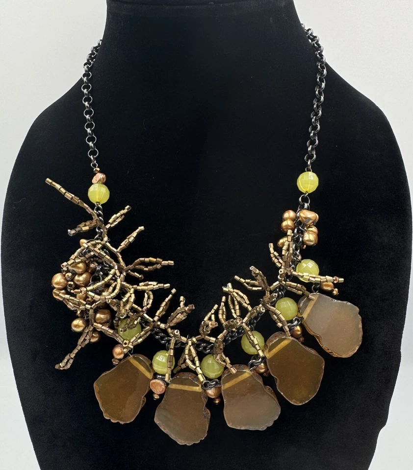 Collar Rolo Coldwater Creek Único Teñido Perla Verde Marrón Boho Declaración Foto 1 de 1