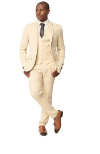 Slim Fit Tan Beige Suit Micro Textured 2 Button Notch Lapel Vest Option AZAR 118 - Picture 1 of 28