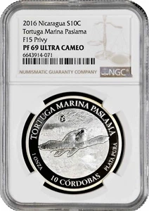 Nicaragua 10 cordobas 2016, NGC PF69 UC, "Fabulous 15 - Paslama Sea Turtle" - Picture 1 of 2