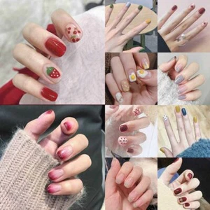 24 PCS Acrylic Full Cover Fake False Nails Women Short Round Press On With Glue - Picture 1 of 16