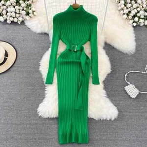 Turtleneck Knitted Dresses Women Long Sleeve Bodycon Sweater Dress with Belt - Foto 1 di 30