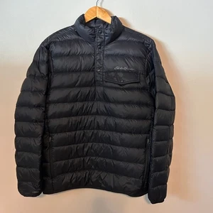 Eddie Bauer 1/4 Snap Mens Medium Black Pullover Down Puffer Jacket 650 Fill - Picture 1 of 10