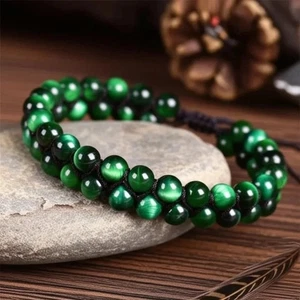 Natural Green Tiger Eye Stone Healing Double Braided Warp Adjustable Bracelet - Picture 1 of 7