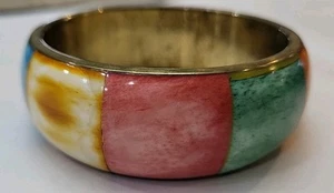 Vintage Multi Colored Bone Brass Bangle Bracelet 1.25" Wide Green Orange Blue - Picture 1 of 8