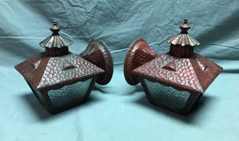 Antique Pair Cast Aluminum Arts & Crafts Exterior Wall Sconces VTG Old 1112-23B Cover