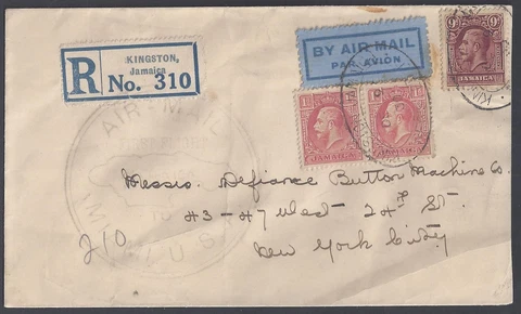 JAMAICA 1930 EARLY AIR MAIL REGISTERED COVER OVAL KINGSTON TO NY VIA MIAMI STATI Cover