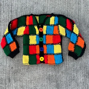 Kids Hand Crochet Knit Granny Square Cardigan Sweater Jacket - Picture 1 of 7