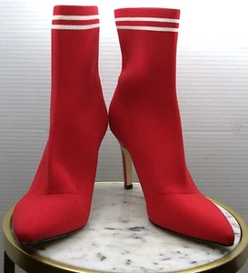 LEITH Red Stiletto Boot Heels Jersey Pull On Sock White Stripe 9 - Bild 1 von 7
