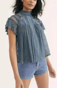 Free People Women’s Medium Mesh Top Victorian Sheer Ruffle Mock Neck - Picture 1 of 10