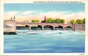 Postal de lino Lake Springfield Behind Spaulding Dam Springfield Illinois - Imagen 1 de 2