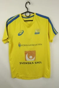 Asics Yellow Crew Neck Short Sleeves Svenska Spel Pullover T-Shirt - Picture 1 of 16