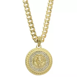 Mens 14k Gold Plated LION MEDALLION Pendant Cubic-Zirconia 30" Cuban #98 Chain - Picture 1 of 4