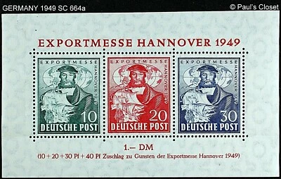 GERMANY 1949 SC 664a S/S HANOVER EXPORT FAIR 10, 20, &30 pf MNH OG VF  - Image 1 of 2