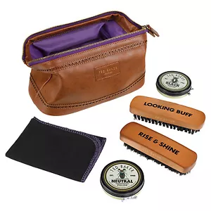 Ted Baker - 5 Piece Shoe Shine Kit in Brown Brogue Faux Leather Case - Picture 1 of 5