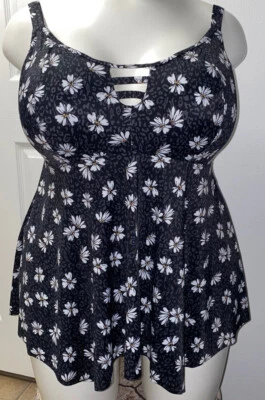 NUEVO CON ETIQUETAS-Elomi Tankini Top ES7271 Negro con margarita (talla grande). Brief ES7275-AGOTADO Foto 1 de 4