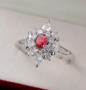 Silver Plated Cluster Ring For Valentine Gift 1.9CT Simulated Ruby Delicate Ring - Picture 1 of 6