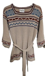 Vtg Kimlon RBK Importers Korea Sweater Tunic Belted Beige Aztec Geometric - Picture 1 of 13