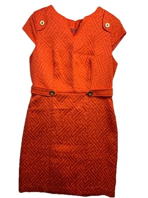 Vestido Vaina Liz Claiborne Naranja Geométrico 12 Cinturón Manga Gorra Retro Foto 1 de 4