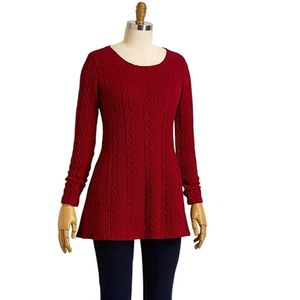 Cozy Relaxed Fit Long Sleeve Maroon Cable Knit Flared Tunic Top Sweater XL - Picture 1 of 6