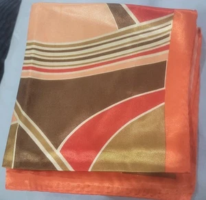 Vintage Satin Orange Khaki Peach Hand Rolled Mod Print 23" Pocket Square - Picture 1 of 14