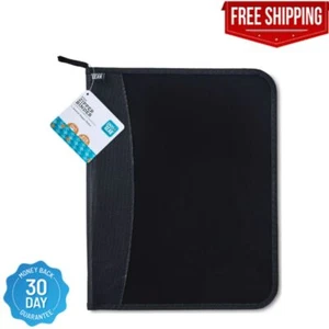 3 Ring Zipper Binder Case Poly With 1.5" Round File Pocket Folder Rings Black US - Picture 1 of 6