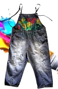 NWT YESNO Denim Painted Bib Overalls Sz M Drop Crotch Wide Leg Pants Jumpsuit - Picture 1 of 12