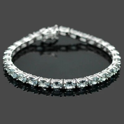Теннисный браслет из стерлингового серебра 925 пробы с натуральным драгоценным камнем аквамарином 6x4 мм  - Изображение 1 из 4