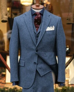 Men's 3 Piece Blue Wool Tweed Check Notch Lapel Groom Prom Tuxedo Wedding Suit - Picture 1 of 8