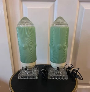 PAIR ANTIQUE ART DECO BULLET TORPEDO SKYSCRAPER TABLE LAMPS - JADEITE - WORKING - Picture 1 of 10