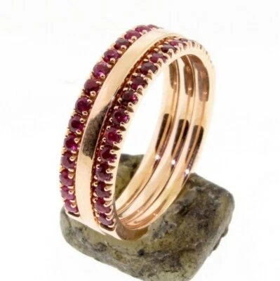 Half Eternity Ruby 1.60 mm Gold Ring Set Wedding band or Stacking ring, 14K Gold - Image 1 of 4