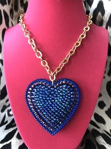 Luly Lu "Arabia" Vintage HUGE Blue Yellow Pink Lucite Heart Swarovski Necklace - Picture 1 of 10