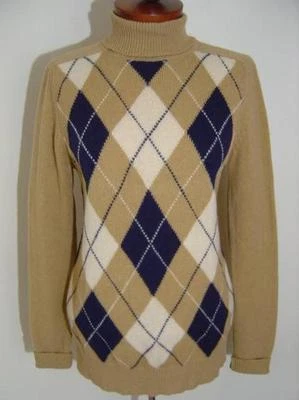 SUÉTER PINUP VINTAGE AÑOS 50 DALTON CAMEL AZUL MARINO ARGYLE GEELONG LANA DE CORDERO CUELLO ALTO Foto 1 de 4