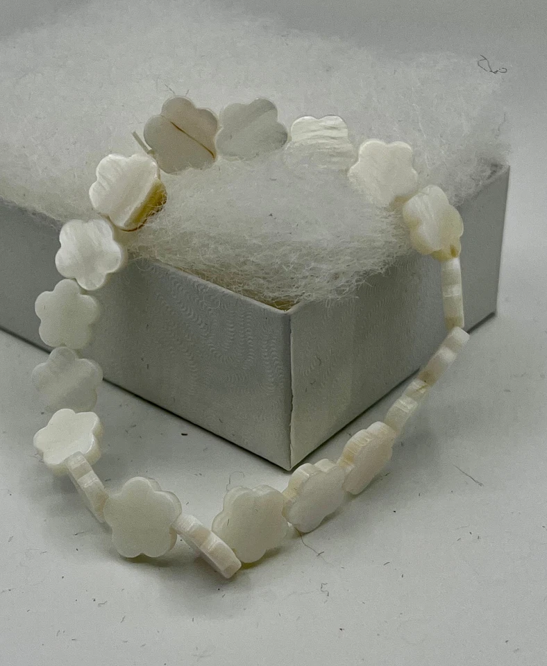Natural Mother of Pearl Shell Carved Flowers Beaded Stretch Bracelet - Image 1 of 1