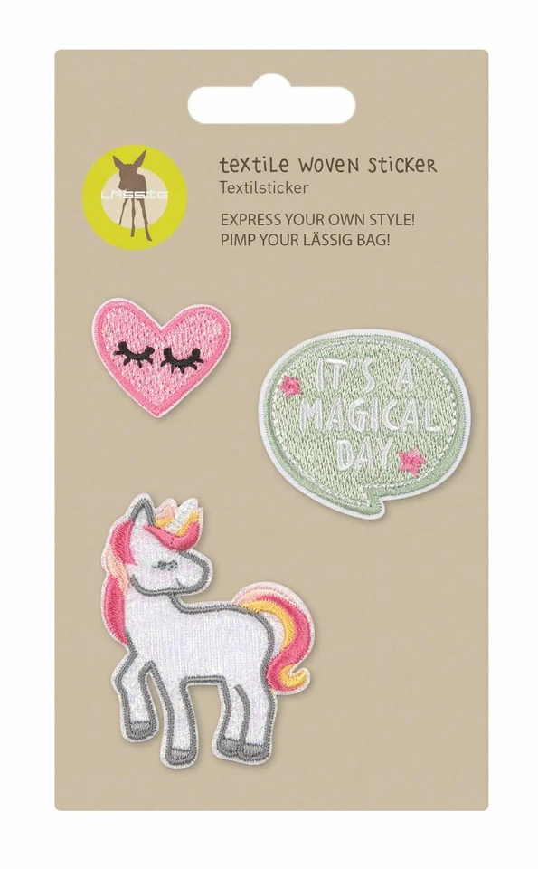Lässig Textile Woven Sticker Set 3-teilig Sticker Unicorn Rosa Weiß Neu - Bild 1 von 1